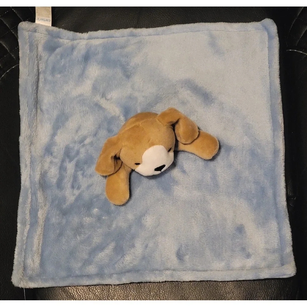 Carter's Brown Puppy Dog Blue Security Blanket Super Soft Plush Baby Lovey EUC